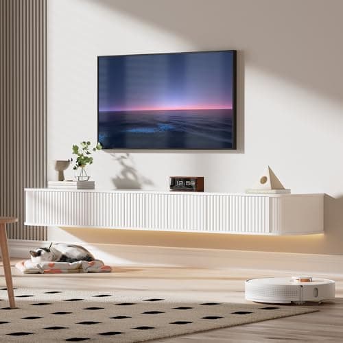 Image of PURFINO Floating TV Stand Unit with RGB LED Light - 180CM Wall Mounted TV Cabinet with Upgraded Storage & Rounded Edges, Modern TV Media Console for 65-75 Inch TVs