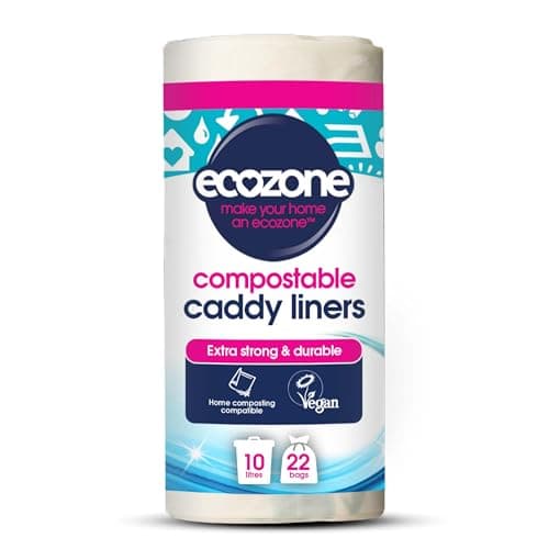 Image of EcoZone Caddy Liners, 100% Compostable & Biodegradable Bin Bags, 10 Litre Size, Strong Tear Resistant, Eco Friendly Vegan Natural Sacks Made from Plants, Plastic Free (Roll of 22)
