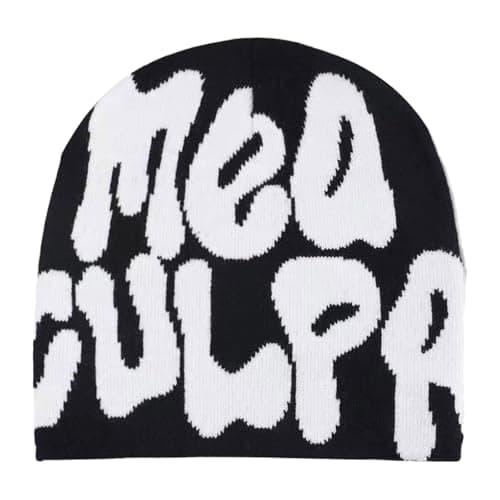 Image of MUNSKT Y2K Beanie Womens Beanies Knitted Cool Beanies with Graphic Winter Warm Hat for Women Men Black White