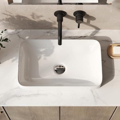 Image of DeerValley Semi Recessed Bathroom Sink, 490x300mm Rectangula Ceramic Vessel Sink Basin for Bathroom Vanity Small Spaces Cloakroom WC