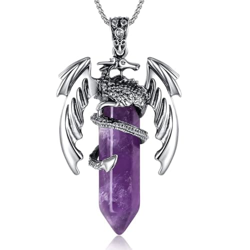 Image of XIANNVXI Dragon Necklace Dragon Gifts for Women Men Amethyst Necklace Goth Gothic Jewellery Crystal Pendant Wich Witchy Purple Jewellery
