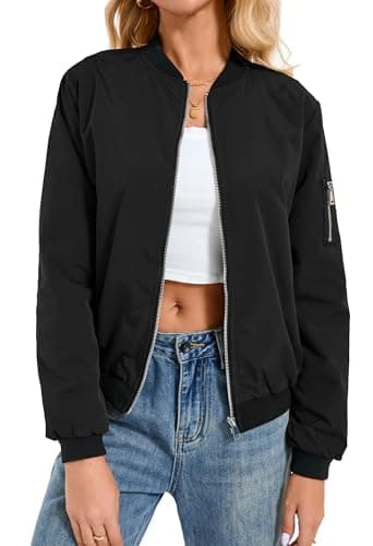 Image of Jhsnjnr Bomber Jacket Women UK Lightweight Zip Up Flight Jackets Long Sleeve Windbreaker with Pockets Casual Stylish Coat Sportwear