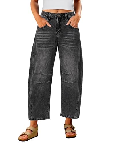 Image of Utyful Barrel Jeans Women Cropped Baggy Trendy High Waisted Distressed Loose Stretch Denim Trouser Jeans with Pockets, Faded Black, XL