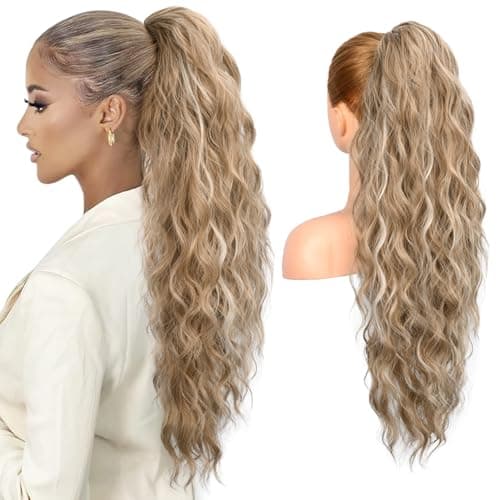 Image of REECHO Ponytail Extension, 26" Long Beach Wave Drawstring Pony Hair Extension Synthetic Pony Tail Hairpiece for Women - Dark Blonde with Highlights