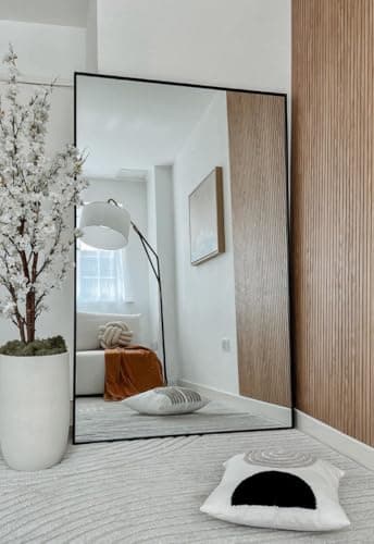 Image of MirrorOutlet The Artus - Black Modern Aluminium Edged Wall Leaner Mirror 68" X 43" (174CM X 110CM) Silver Mirror Glass.…