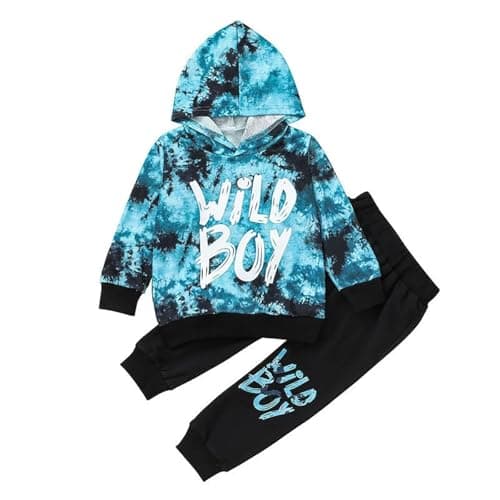 Image of Eqenkely Toddler Baby Boy Outfit Long Sleeve Contrast Color Sweatshirt Hoodie with Sweatpants Tracksuit Sets 2Pcs Clothes for Little Boys Blue 18-24 Months