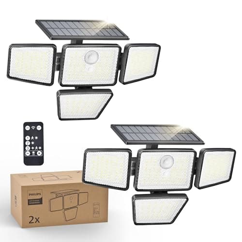 Image of Philips Solar Security Light Outdoor, 196 LED Wall-Mounted Flood Light w/PIR Motion Sensor, 3 Modes, 4 Adjustable Heads Solar-Powered Floodlights with Remote Control, IP65 Waterproof (2 Pack)