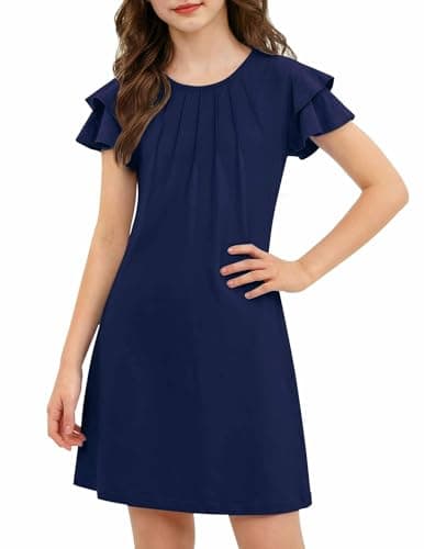 Image of Arshiner Girls Dresses Pleated Wavy Short Sleeves Kids Casual Plain Tunic Playwear Basic Shirt Party Dresses Navy Blue 130 8-9 Years