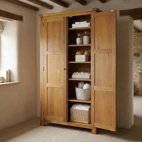 Image of The Furniture Market Rustic Oak Two Door Shaker Linen Cupboard – Tall Wooden Storage Cabinet with Adjustable Shelves – Solid Oak Frame with Traditional Country Design - H 1800 x W 1020 x D 410mm