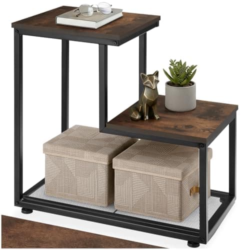 Image of tectake® Side Table with 2-Step Design, Sturdy Black Steel Frame, Wood-Look Shelves & Lower Grid Shelf, Bedside & Sofa End Table for Living Room, Bedroom, Hallway, 60.5 x 35.5 x 60.5 cm - Dark Wood