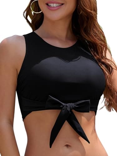 Image of SHEKINI Women's Bikini Tops Modest Padded Swimsuit Top High Neck Tie Knot Sports Bathing Suit, Black, Large