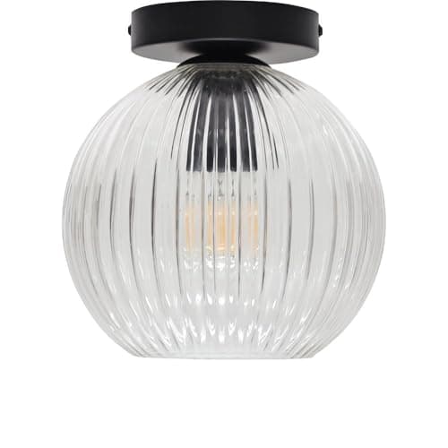Image of firstchoicelighting Ribbed Glass Globe Ceiling Light Flush Fitting with Black Detail, Modern Low Ceiling Lighting