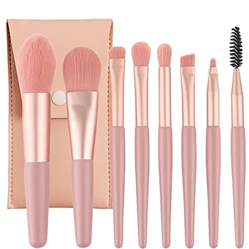 Image of Leikedun Professional Makeup Brushes Set Mini 8Pcs Portable Make up Premium Kits with PU Leather Bag Foundation Powder Cosmetic Brush Blush Blending Eyeshadow Sets, Pink