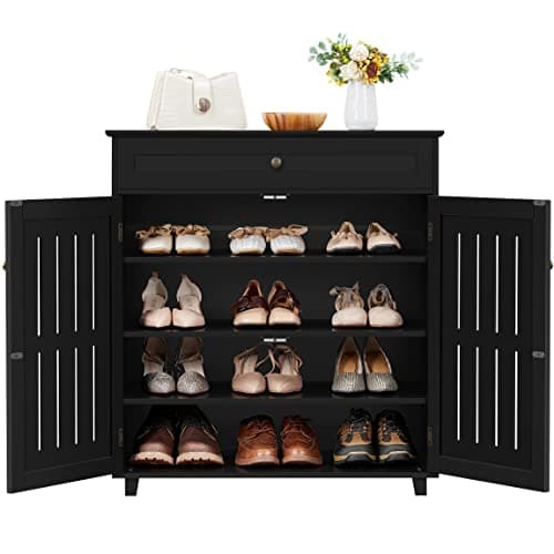 Image of Yaheetech Shoe Cabinet, Wooden Storage Cabinet Organizer with 1 Drawer & 2 Doors, Modern 4-Tier Shoe Rack with Adjustable Shelves for Living Room, Hallway, Bedroom, Black