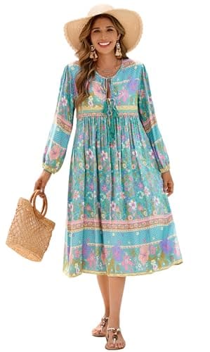 Image of R.Vivimos Women's Casual Bohemian Print Neck Tie Long Sleeve Beach Style Long Midi Dress Vacation Dress(Medium,Teal)