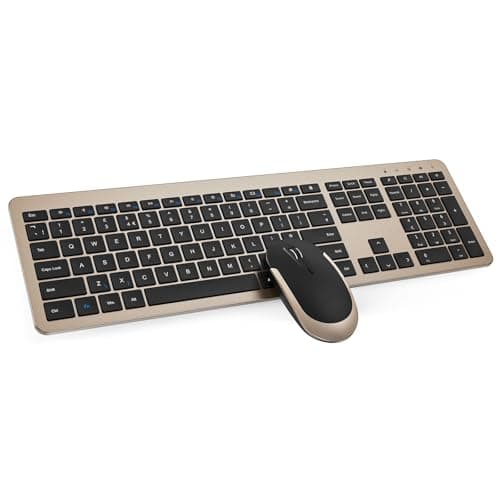Image of seenda Wireless Keyboard and Mouse Set, SK38 Ultra Slim Quiet USB Wireless Keyboard and Mouse Full Size QWERTY UK Layout with Numeric Keypad for Windows PC, Laptop, Computer, Black and Gold