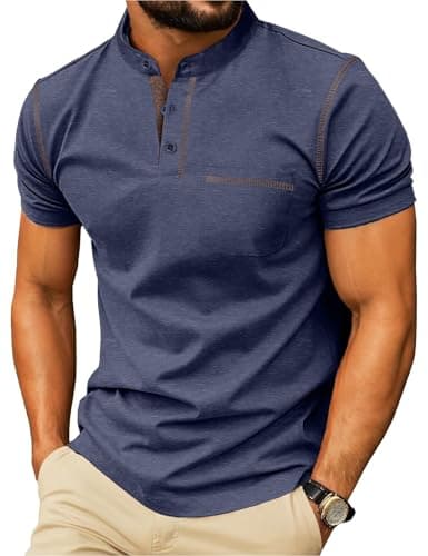 Image of Mens Henley T-Shirts Short Sleeve Summer Casual Crew Neck Tshirt Tops with Front Pocket Blue L