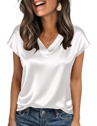 Image of Springcmy Women Silk Satin Tops Cap Short Sleeve Blouse V Neck Shirts Business OL Work Shirt Casual Going Out Outfits (A White, L)