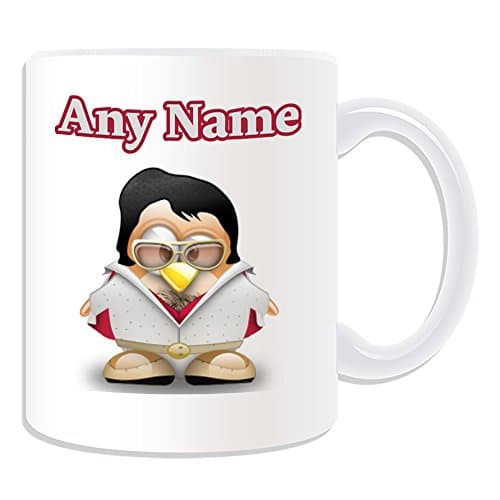 Image of Personalised Gift - Elvis Presley Mug (Penguin Celebrity Costume Design White) Name Message Unique Star Silly Funny Novelty Super Singer King Pop Dancer Actor Album Music Award Rock Musician Roll