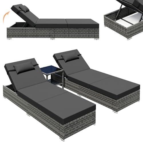 Image of UDPATIO 3PC Rattan Sun Lounger Set plus Side Table, Metal Frame Outdoor Garden Lounger Furniture with 5-level Reclining Backs, Cushions and Headrest (Grey-Mottled & Grey Cushions Covers)