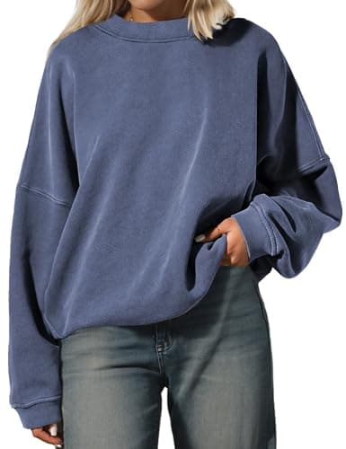 Image of MSBESYOR Women’s Oversized Sweatshirt Crewneck Pullover Top Casual Drop Shoulder Crew Neck Plain Shirt 2024 Fall Clothes, Dark Blue -01, M