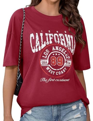 Image of CMTOP Oversized T Shirts Women Crew Neck Short Sleeve Summer Tops Women's Cotton Letter Printed T-Shirts Casual Loose Graphic Tee Shirts Tunic Tops (Burgundy, L)