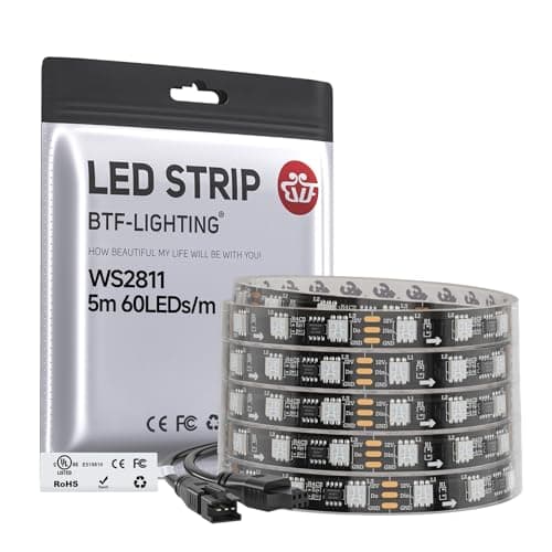 Image of BTF-LIGHTING WS2811 IC=RGB IC Addressable Dream Color LED Strip 16.4FT 60LEDs/m 20Pixels/m 300LEDs 100pixels IP67 Waterproof Black PCB Flexible DC12V Chasing Effect for Bedroom Desk Home Decoration