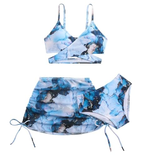 Image of PythJooh Girls 3Pieces Bikini Set Kids Tie Dye Floral Criss Cross Bikini Bathing Suits with Cover Up Skirt Swimwear for 7-12Years Blue