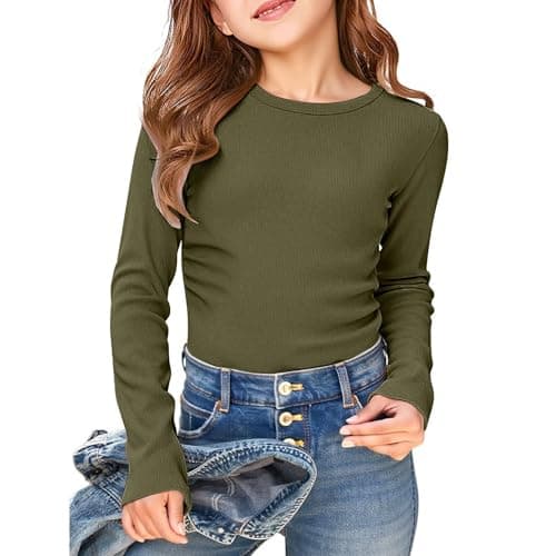 Image of Girls Ribbed Long Sleeve Tops Kids Plain Round Neck T Shirt Children's School Shirts Teen Casual Basic Tshirt Spring Fitted T-Shirt (Army Green, 11-12 Years)