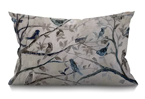 Image of BGBDEIA Cushion Cover Ink Painting Blue Grey Lovely Birds branch Tree Leaves Rectangle Outdoor Cushion Covers 12x20 inch, 30 x 50 cm Cushion Cover with Invisible Zip for Sofa Chair Living Room