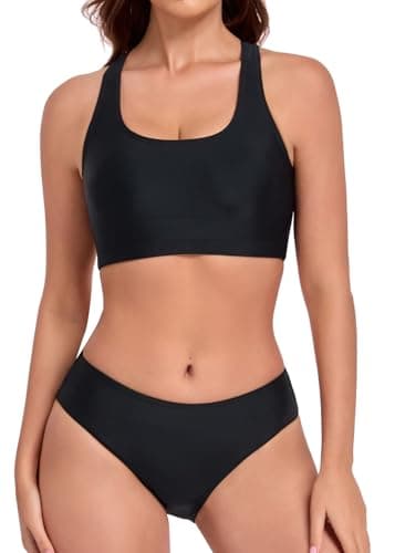 Image of Joweechy Women's Bikini Set Sporty Scoop Neck Racerback Padded Two Piece Swimsuit Swimming Costumes S,Black