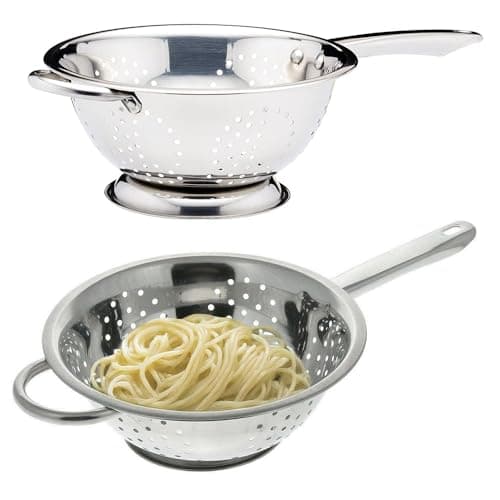 Image of Stainless Steel Colander - with Long Handle, Deep Pasta Spaghetti Salad Strainer | for Pasta, Beans, Or Vegetables Washing Filter Basket (20Cm)