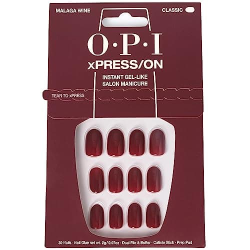 Image of OPI xPRESS/ON Malaga Wine - Dark Red Short Round Press On Nails - With Nail Glue - Long Lasting, Reusable & Non-Damaging Short False Nails