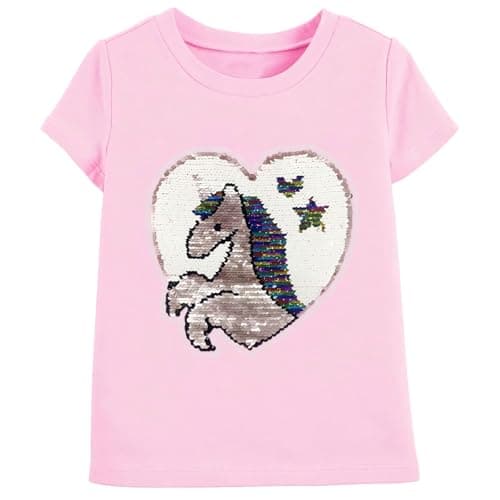 Image of Girls Cute Clothes Pink Unicorn 7 T-Shirt, Kids Short Sleeve Round Neck Top with Reversible Sequin Heart, Summer Cotton Tee, Unicorn Gifts for Girls