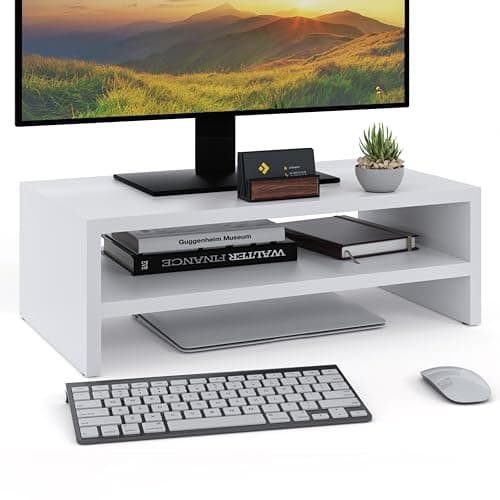 Image of ComfortCove 2-Tier Monitor Riser, Laptop & Printer Stand with Storage Shelf, Ideal for Home Office, White