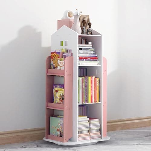Image of BTGGG 3 Tier Rotating Bookshelf Children's Bookcase Bookshelves with Storage Space, Castle 360° Kids Bookshelf and Shelving Units Free Standing Revolving Bookcase for Living Room Study Playroom, Pink