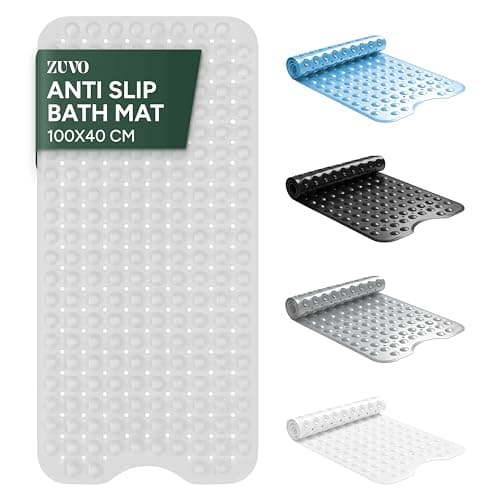 Image of Zuvo Non-Slip Bath Mat | Extra Long 100 x 40 cm | Strong Suction Cups & Anti-Mould | Machine Washable | Safe for Children & Seniors | Clear, Clear