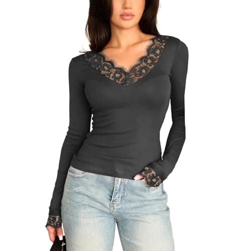 Image of Womens Long Sleeve Undershirt with Lace Cuffs Slim Fitted Lace V Neck Base Layer Underwear Ladies Elegant Knit Basic T Shirts Casual Plain Pullover Streetwear Going Out Tops(Dark Gray, L)