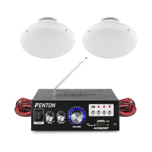 Image of eAudio Bluetooth Ceiling Speaker System with Waterproof 5" Speakers, Stereo Amplifier with FM Radio, MP3 USB & Wireless Audio Streaming – Home, Kitchen, Bathroom & Cafe Installation Kit (Pair)