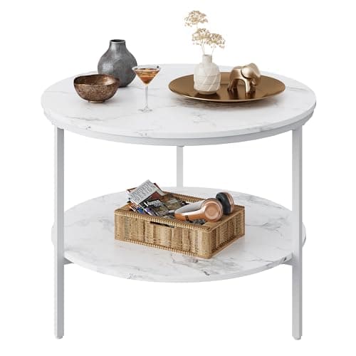 Image of WLIVE Coffee Table, Round 2-Tier Marble Look Table, Morden Style with Wood Surface Metal Legs, Wear-Resistant, Easy-to-Clean, Centre Table for Bedroom, Living Room, 60x60x47cm, White
