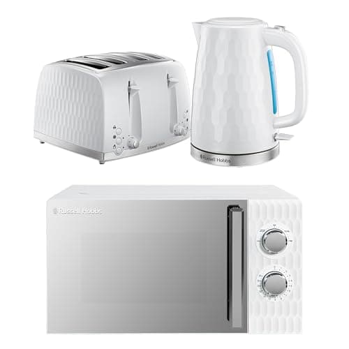 Image of Russell Hobbs Honeycomb White Kitchen Set, 1.7L 2400W Kettle, 4 Slice Toaster with Dual Browning Levels & 17L 700W Microwave with 5 Power Levels, Defrost & Reheat Functions HCBNDL4W