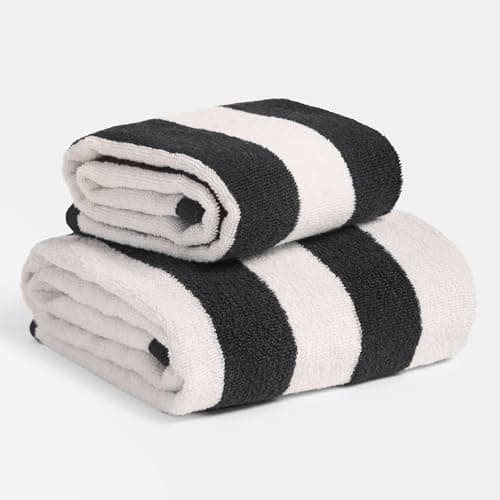 Image of OHS 2 Piece Bath Towels Set, Soft 100% Cotton High Absorbent Jacquard Black/White Striped Large Bath Towels Luxury Spa Quality For Bathroom Daily Use, Monochrome-70x115cm