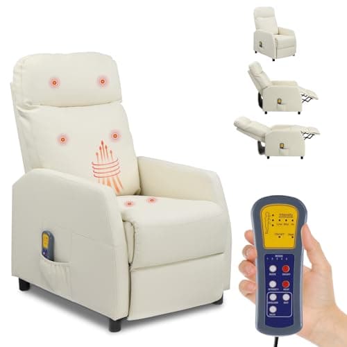 Image of Bonnlo Chair Recliners, PU Faux Leather Recliner Chair with Massage & Heat, Oversized Recliners Armchair Lounge Sofa Adjustable Leg Rest, Side Pocket, for Home Living Room Theatre (Cream PU)
