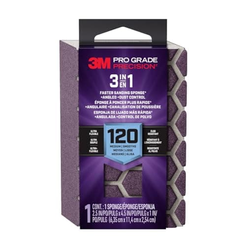 Image of 3M Pro Grade Precision 3-in-1 Sanding Sponge, 120 Grit Medium, for Woodworking, Drywall Prep, and Refinishing, 2.5 in x 4.5 in x 1 in