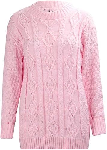 Image of AJFASHION Women Jumpers New Ladies Long Sleeve Chunky Cable Knitted Jumper Crew Neck Winter Sweater Top UK Size 8-22 Baby Pink