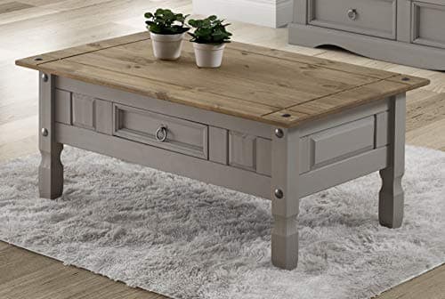 Image of Corona Solid Wood Pine Grey Painted Wax Coffee Table 1 Drawer Wooden Mexican Style Lounge Living Room Side Unit 45cm High 95cm Wide 50cm Deep