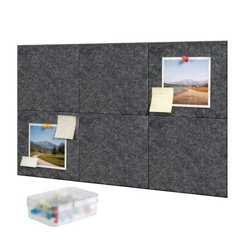 Image of 6 Pack Felt Wall Tiles with 33 Cork Board Pins, Large 90 x 60cm Cork Board and Removable Adhesive Strips, for Office Kitchen Photo Display Notice Board (Dark Gray)