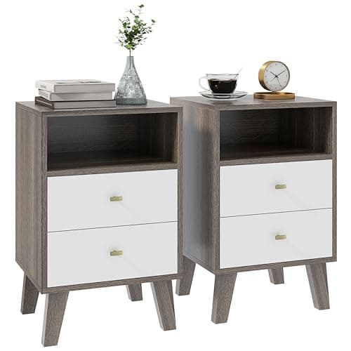 Image of HOMCOM Bedside Tables Set of 2, Modern Nightstand with 2 Drawers and Open Cubby, Sofa Side End Table for Bedroom, 40 x 34 x 64cm, Grey