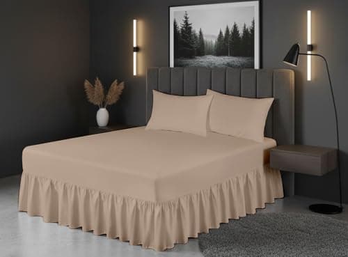Image of Luxury Polycotton Fitted Valance Sheet – Plain Dyed Bed Skirt Platform Base Cover, Easy Care, Wrinkle Resistant, (Mocha, King)