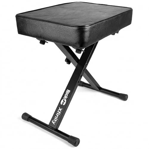 Image of RockJam Adjustable Piano Stool/Keyboard Bench with Simply Piano Lessons – Thick Padded Piano Seat, Folding X-Frame Design, 4 Height Positions, Heavy-Duty Steel Frame Supports 340 lbs